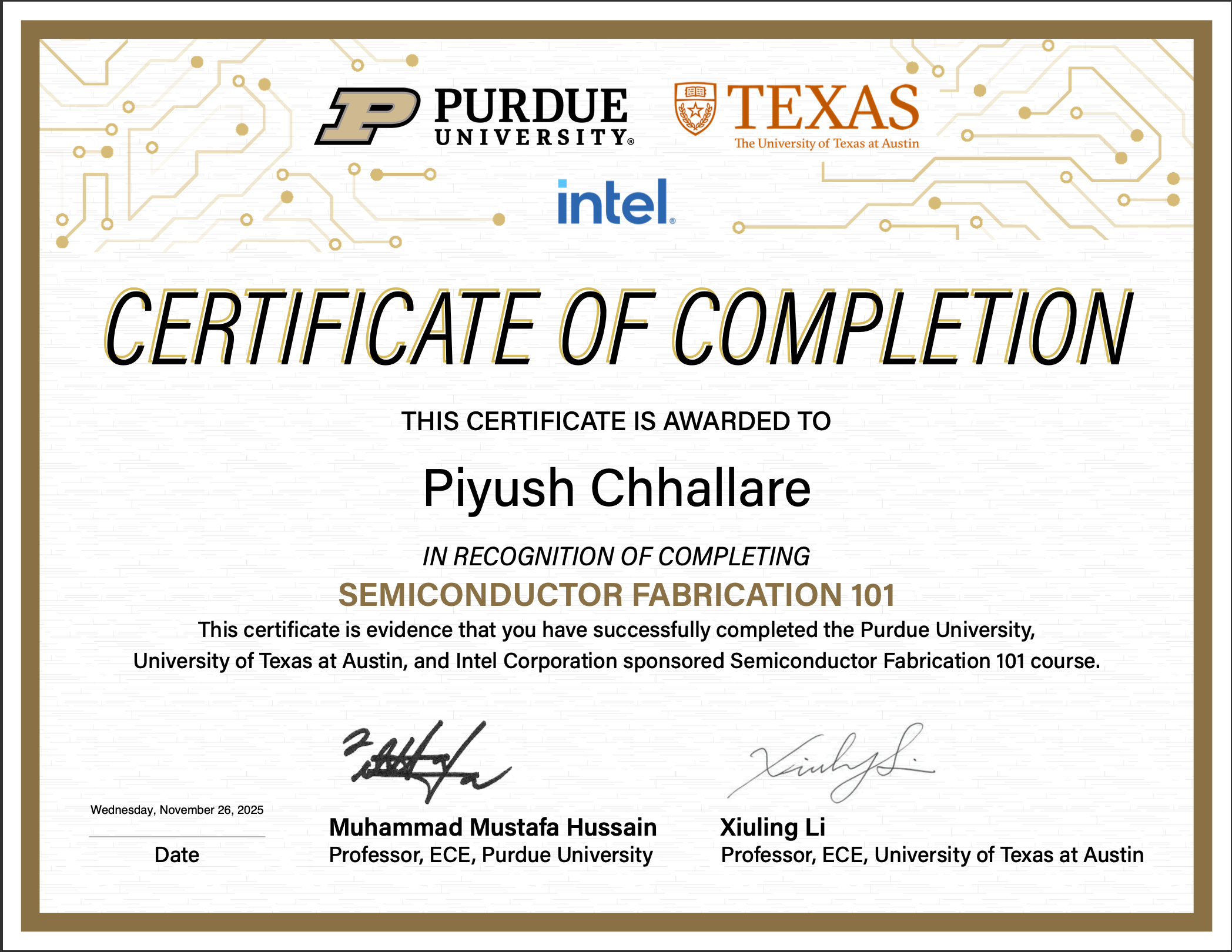 Semiconductor Fabrication 101 Certificate thumbnail